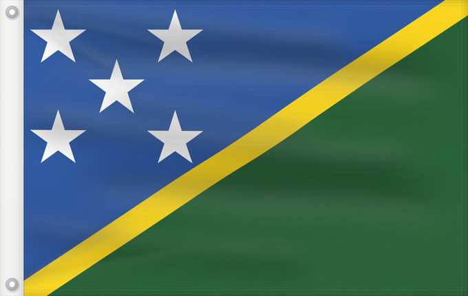 Drapeau, avec deux œillets métalliques et guindant renforcé : Solomon Islands	îles Salomon	Islas Salomón	Salomonen	Isole Salomone	Salomonseilanden	Ynysoedd Solomon	Oileán Sholamón	Brattagh ny h-Ellanyn Holomon	Ynysow Salamon	The Solomon Islands	Salomonovih otokih