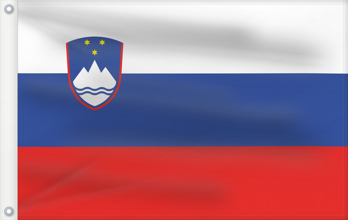 Bandera, con dos ojales metálicos y lado del asta reforzado: Slovenia	Slovénie	Eslovenia	Slowenien	Slovenië	Słowenii	Сцяг Славеніі	Slovenije	D Eslovènia	Slovinská vlajka	Флаг Словении	Прапор Словенії