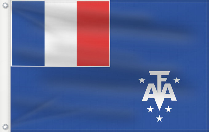 Bandera, con dos ojales metálicos y lado del asta reforzado: French Southern and Antarctic Lands	En French Southern and Antarctic Lands	Terres australes et antarctiques françaises	Administrador Superior de los Territorios Australes Franceses	Französische Süd- und Antarktisgebiete	Territori francesi meridionali	Fran