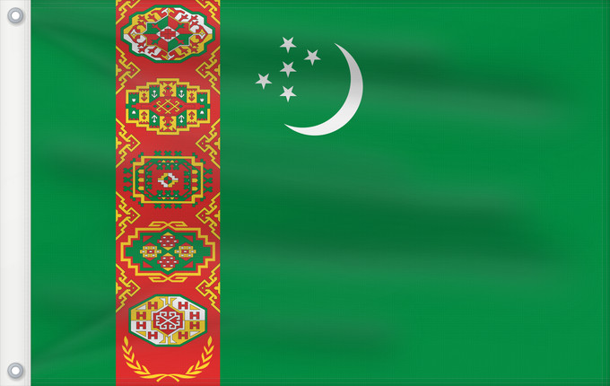 Bandera, con dos ojales metálicos y lado del asta reforzado: Turkmenistan	Turkmenistan !Turkménistan	Turkmenistán
