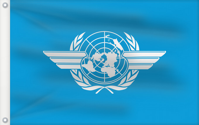 Bandera, con dos ojales metálicos y lado del asta reforzado: ICAO	International Civil Aviation Organization	L Organisation de l aviation civile internationale