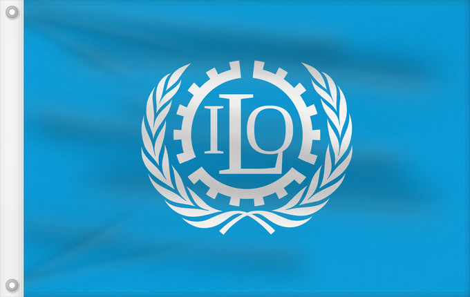 Flag, with two metal eyelets and reinforced hoist: ILO International Labour Organization Organisation internationale du travail Internationale Arbeitsorganisation Dell Organizzazione Internazionale del Lavoro