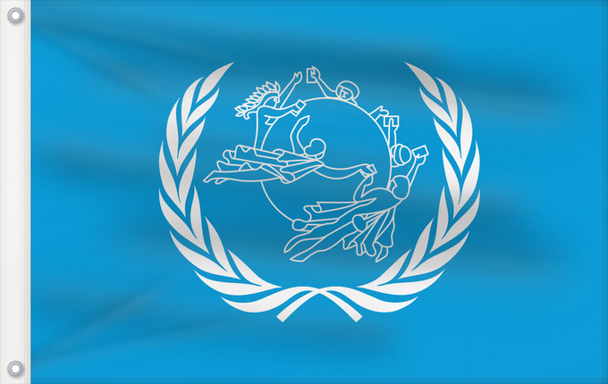 Bandiera, con due occhielli metallici e lato dell'asta rinforzato: UPU Universal Postal Union L Union postale universelle Weltpostverein Dell Unione Postale Universale Прапор Всесвітнього поштового союзу