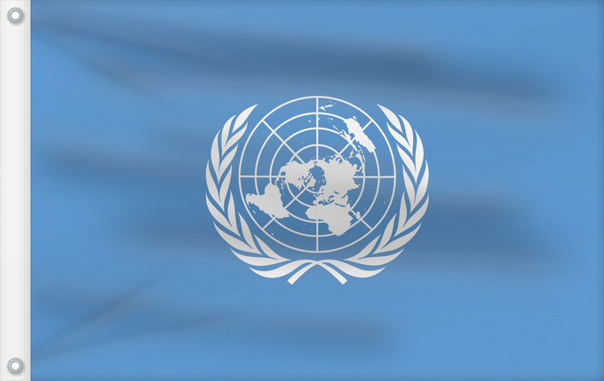 Drapeau, avec deux œillets métalliques et guindant renforcé : United Nations	United Nations, UN	Nations unies	Naciones Unidas	Vereinten Nationen	Nazioni Unite, ONU	Verenigde Naties	Das nações unidas	Organizacji Narodów Zjednoczonych  ONZ	علم الأمم المتحدة	Сцяг Арганізацыі Аб яднаных Нацый	Сьцяг Арганізацыі Аб яднаны