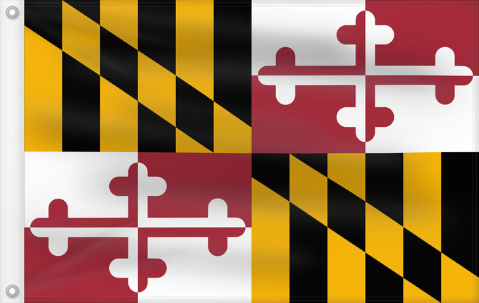 Bandera, con dos ojales metálicos y lado del asta reforzado: Maryland Stanowa Marylandu ᎺᎵᏂ ᎦᏓᏘ Ka hae Melelana Terræ Mariæ Méelin Hahoodzo bidah naatʼaʼí Флаг Мэриленда Američke savezne države Maryland