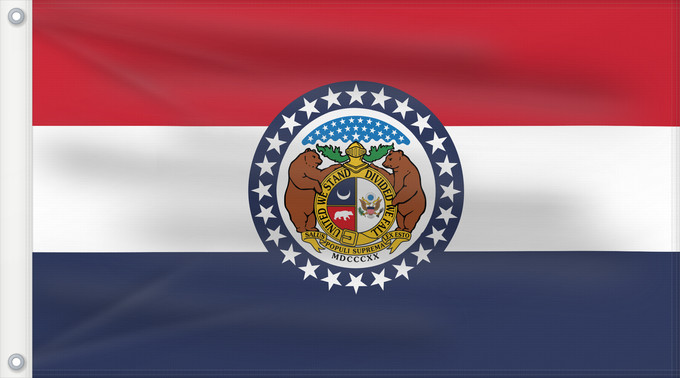 Flag, with two metal eyelets and reinforced hoist: Missouri	Missouri, adopted in 1913	Misuri	ᏨᎫᎵ ᎦᏓᏘ	Ka hae Mikouli	Missuriae	Mizoowii Hahoodzo bidah naatʼaʼí	Флаг Миссури	Američke savezne države Missouri