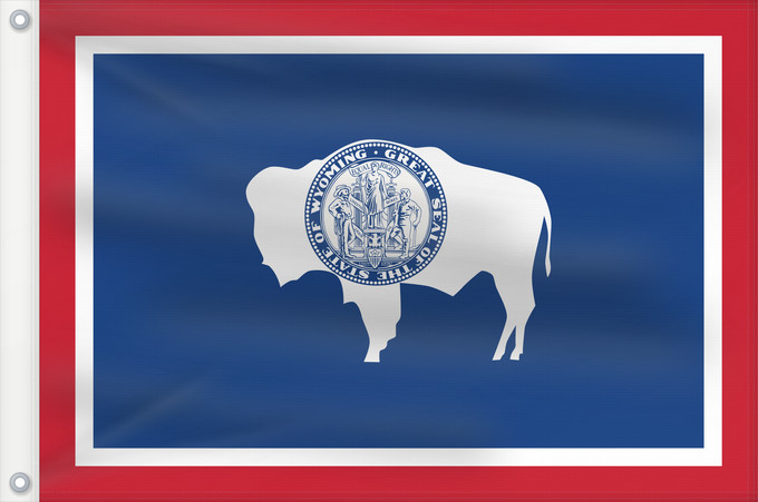 Bandiera, con due occhielli metallici e lato dell'asta rinforzato: Wyoming	Ka hae Waiomina	Vyominae	Wááʼóómii Hahoodzo bidah naatʼaʼí	Флаг Вайоминга	Američke savezne države Vajoming