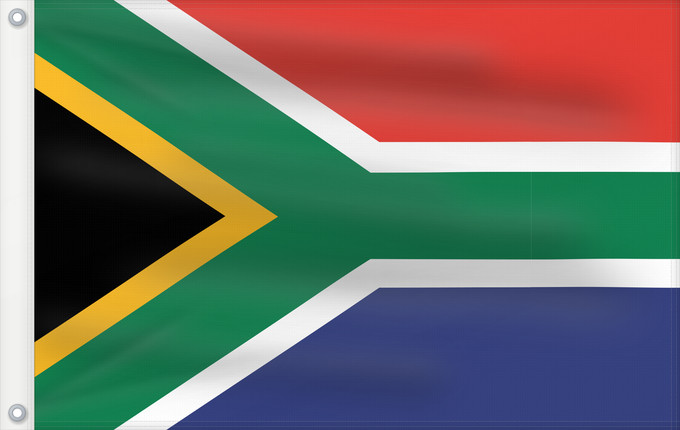 Bandera, con dos ojales metálicos y lado del asta reforzado: South Africa	Afrique du Sud	Sudáfrica	Südafrika	Sudafrica	South África Used color National flag | South African Government and Pantone Color Picker      green rendered as RGB 000 119 073Pantone 3415 C      yellow rendered as RGB 255 184 028Pantone 1235 C 