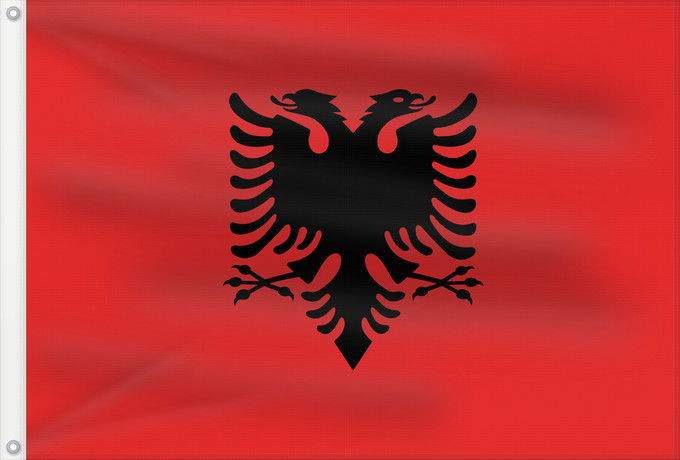 Bandera, con dos ojales metálicos y lado del asta reforzado: Albania	L Albanie	Albanien	Dell Albania	علم ألبانيا	Albanije	Σημαία της Αλβανίας	Albanio	Albanian	Drapél de l’Albanie	Albánia	Ala Albanyayê	Albaniae	Albanesche Fändel	Знаме на Албанија	Albaniei	Флаг Албании	S Albania	Bannera di Albanìa	Albánska	I Shqipëri