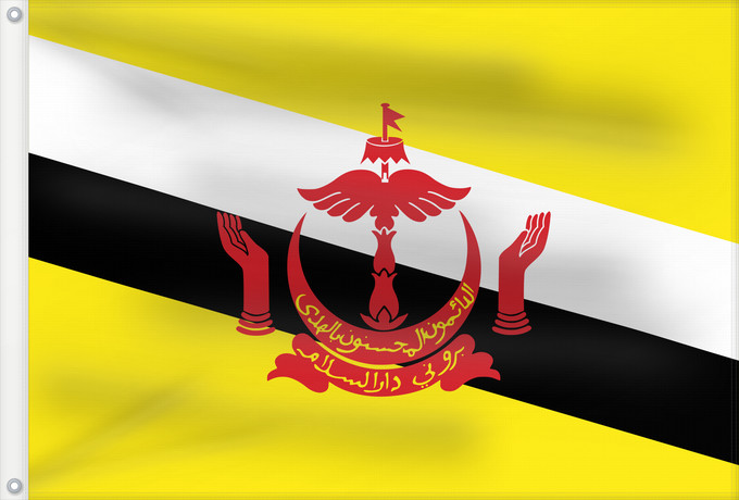 Bandera, con dos ojales metálicos y lado del asta reforzado: Brunei	Brunei Darussalam	Brunéi	علم بروناي	Bruneis	Brunein	브루나이의 국기	Bruney	Brunei / بنديرا بروني	ဘရူနိုင်းနိုင်ငံ၏ အလံတော်	Флаг Брунея	Bruneja	புரூணை கொடி	ธงชาติบรูไนดารุสซาลาม	Watawat Brunay	Cờ Brunei	​文莱国旗