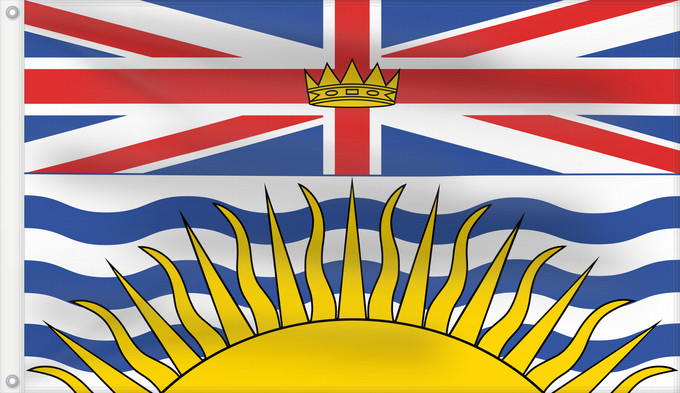 Bandera, con dos ojales metálicos y lado del asta reforzado: British Columbia Colombie-Britannique Columbia Británica Columbia Britannica Banniel proviñs Kolombia Vreizhveuriat British Columbia