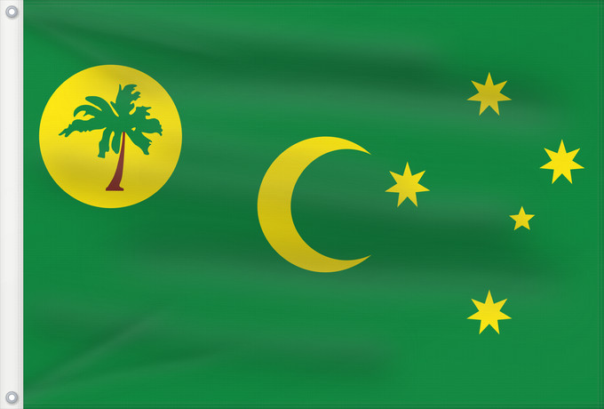 Bandera, con dos ojales metálicos y lado del asta reforzado: Cocos  Keeling  Islands	Cocos (Keeling) Islands	îles Cocos, utilisation non-officielle. Ratio 1 2	Islas Cocos	Kokosinseln	Isole Cocos	La Kokosinsuloj, uzo ne oficiala