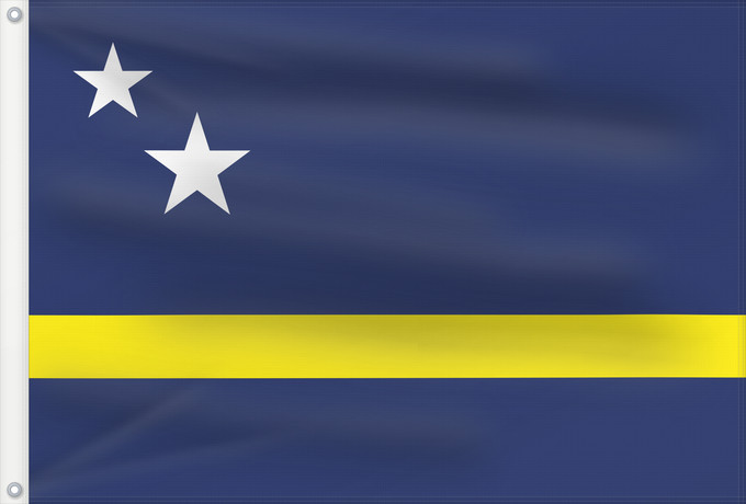 Drapeau, avec deux œillets métalliques et guindant renforcé : Curaçao	Curazao	Curacao	Curaçao is a blue field with a horizontal yellow stripe slightly below the midline and two white