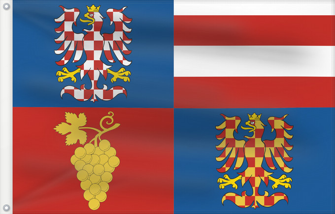Bandera, con dos ojales metálicos y lado del asta reforzado: South Moravian Region	Région de Moravie du Sud)	Región de Moravia Meridional	Südmährische Region	Moravia meridionale	Jihomoravského kraje