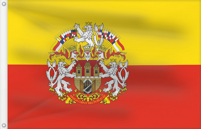 Bandera, con dos ojales metálicos y lado del asta reforzado: Prague flag with CoA	Prague flag with coats of arms	Prague	Praga	Prahy se znakem Prahy