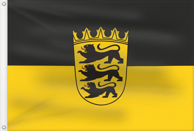 Bandera, con dos ojales metálicos y lado del asta reforzado: Baden-Württemberg  state, lesser arms	State flag with lesser arms of Baden-Württemberg	Bade-Wurtemberg	Baden-Wurtemberg[	Landesdienstflagge Baden-Württembergs mit kleinem Landeswappen	Baden-Württemberg