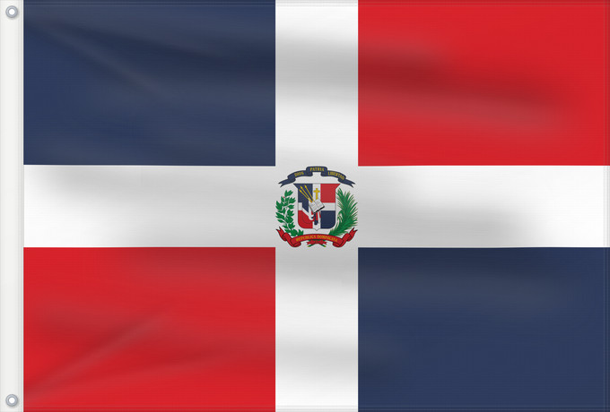 Bandera, con dos ojales metálicos y lado del asta reforzado: Dominican Republic	Dominican Republic has a centered white cross that extends to the edges	République dominicaine	Republica Dominicana	Dominikanischen Republik hat ein zentriertes weißes Kreuz	Repubblica Dominicana	Dominicaanse Republiek	Nacional da Repúb