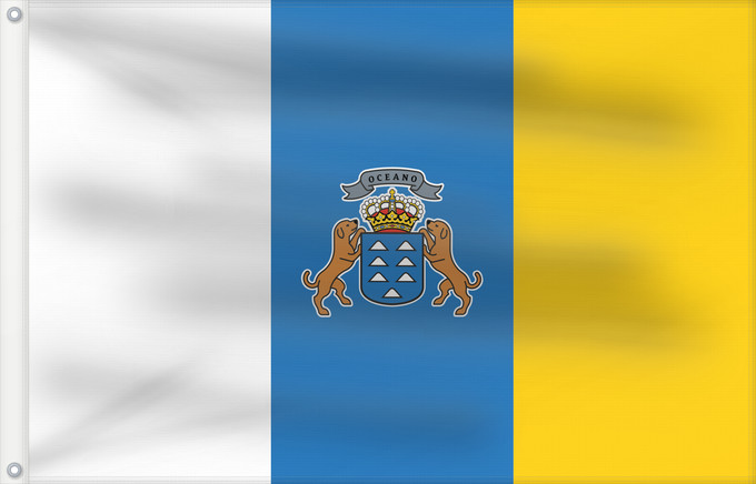 Bandera, con dos ojales metálicos y lado del asta reforzado: Canary Islands	Communauté autonome des îles Canaries  Espagne	Comunidad Autónoma de Canarias  España	Kanarischen Inseln	Isole Canarie	カナリア諸島自治州の州旗。
