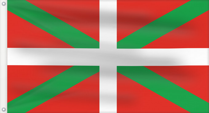 Bandera, con dos ojales metálicos y lado del asta reforzado: Basque Country	Autonomous region of the Basque Country A white cross over a green saltire on a red field	Basque Country	Ikurriña Bandera de la Comunidad autónoma del País Vasco	Autonomen Region Baskenland Ein weißes Kreuz über grünem Andreaskreuz auf rote