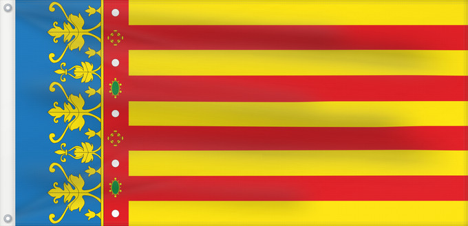 Bandera, con dos ojales metálicos y lado del asta reforzado: Land of Valencia  official	Land of Valencia, 1 2 ratio	Valencia Community	Comunidad Valenciana, proporciones 1 2	Valencian Community	Comunità Valenciana	D o Comunidat Balenziana	Comunidá Valenciana	Comunitat Valenciana, proporcions 1 2	Valentziako Erkideg