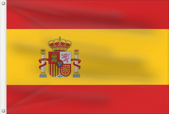 Bandera, con dos ojales metálicos y lado del asta reforzado: Spain	Espagne	España	Spaniens	Spagna