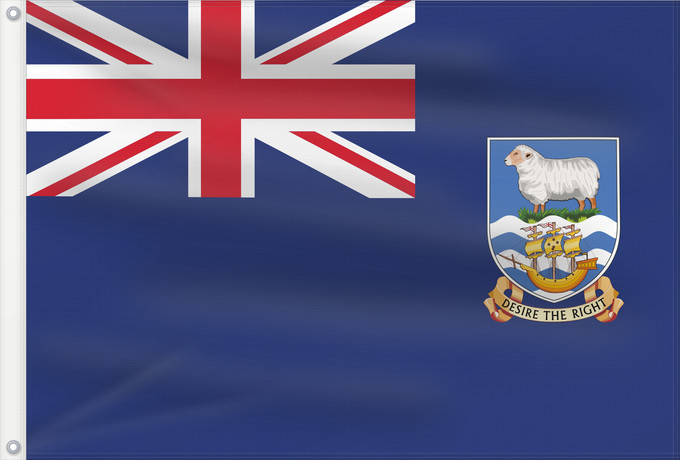 Bandera, con dos ojales metálicos y lado del asta reforzado: Falkland Islands	British flag of the Falkland Islands	Îles Malouines	Islas Malvinas	Falklandinseln	Isole Malvine	Ynysoedd y Falklands	Ynysow Falkland	Флаг Фолклендских островов