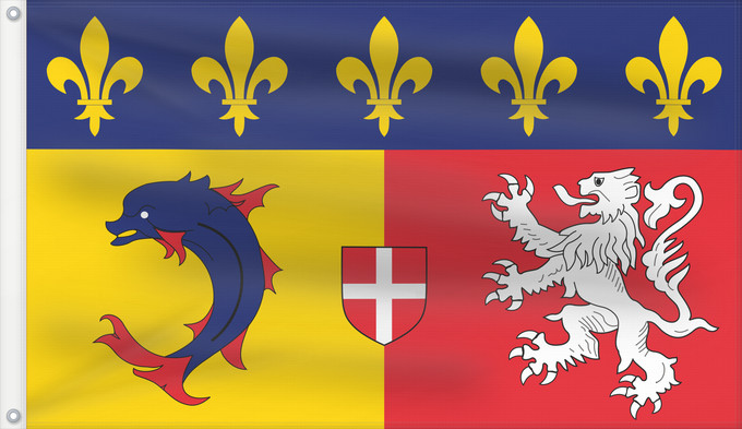 Drapeau, avec deux œillets métalliques et guindant renforcé : Rhône-Alpes Region Rhône-Alpes in France Région Rhône-Alpes en France Ródano-Alpes Rodano-Alpi Franse regio Rhône-Alpes