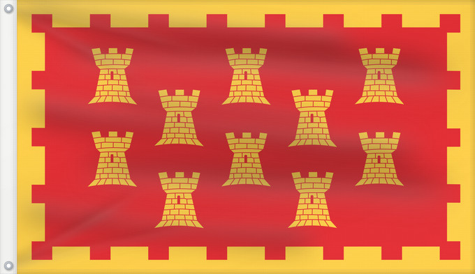 Bandera, con dos ojales metálicos y lado del asta reforzado: Unofficial County Flag of Greater Manchester The County Flag of Greater Manchester is composed of ten golden castles arranged in rows of 3-2-3-2 on a red background Manchester