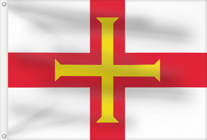 Bandera, con dos ojales metálicos y lado del asta reforzado: Guernsey	Guernesey	Guernsey (Kanalinsel)	Couleu de Guernési	Ynys y Garn