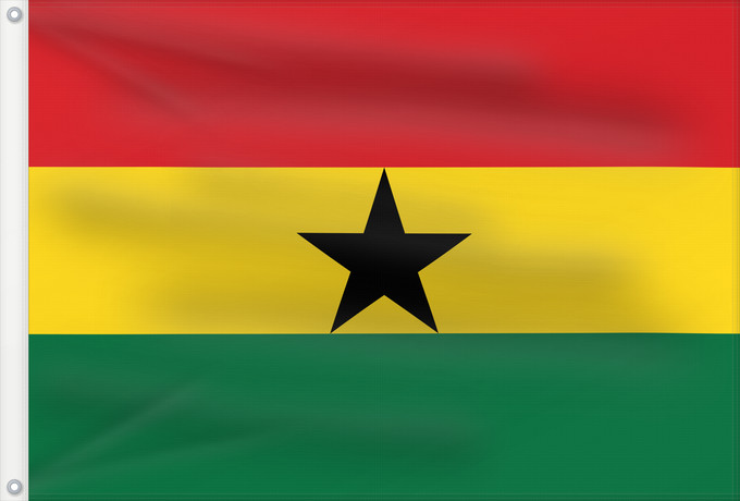Bandera, con dos ojales metálicos y lado del asta reforzado: Ghana	علم غانا	Ganao	Ghanan	Ghána	Ghàna	Ndi Ghana	가나의 국기	Ghanas	Raaya bu Gana	Àsìá ilẹ̀ Ghana