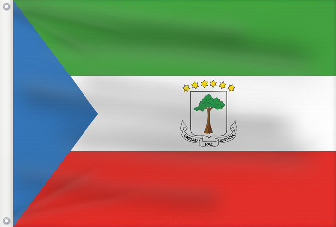 Flagge, mit zwei Metallösen und verstärktem Besatzband: Equatorial Guinea Guinée équatoriale Guinea Ecuatorial Äquatorialguineas Guinea Equatoriale Guiné Equatorial علم غينيا الاستوائية Guinea Equatorial Ekvatora Gvineo Ekuatore Gineako bandera Bɛndɛ́lɛ ya Republiki ya Gine-Ekwatorial Флаг Экваториальной Гвине