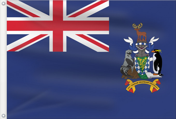 Drapeau, avec deux œillets métalliques et guindant renforcé : South Georgia and the South Sandwich Islands	Géorgie du Sud-et-les Îles Sandwich du Sud	Islas Georgias del Sur y Sandwich del Sur	Südgeorgien und die Südlichen Sandwichinseln	Georgia del Sud e isole Sandwich del Sud