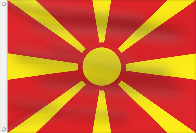 Bandera, con dos ojales metálicos y lado del asta reforzado: Macedonia	Republic of Macedonia	République de Macédoine	República de Macedonia	Republik Mazedonien	Repubblica di Macedonia	Republiek Macedonië	Macedonii	علم مقدونيا	Знамето на Република Македония	Makedoonia lipp	マケドニアの国旗	Знаме на Република Македонија	Drža