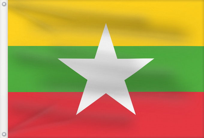 Bandera, con dos ojales metálicos y lado del asta reforzado: Myanmar	Myanmar (Burma)	Birmanie	Es Birmania	Birmania	Myanmar  Birma	Mianmar	علم ماينمار	মায়ানমারের জাতীয় পতাকা	মায়ানমারর ফিরালহান	Myanmars flag  Tidligere Burma	Mjanmao	म्यान्मार का ध्वज	미얀마의 국기	Mianmaro	မြန်မာနိုင်ငံ အလံတော်	Флаг Мьянмы	Mjanmarska	Mj