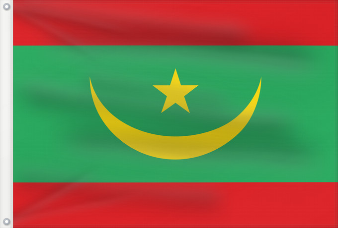 Flag, with two metal eyelets and reinforced hoist: Mauritania Mauritanie La Asamblea Nacional de Mauritania aprobó cambiar el diseño de la bandera nacional Mauretanien علم موريتانيا ، اعتمد في عام 2017. أضاف مجلس الأمة خطوطًا حمراء على الحافة العلوية والسفلية لتمثل دماء شهداء الاستقلال