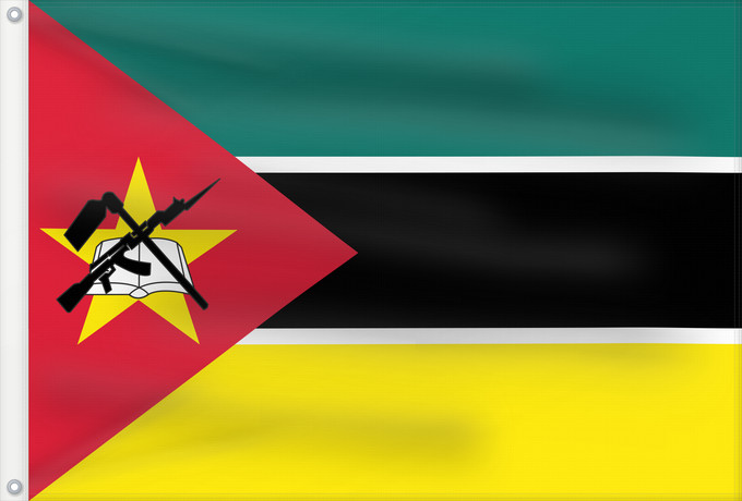 Bandera, con dos ojales metálicos y lado del asta reforzado: Mozambique	Mosambik	Mozambico	Moçambique	علم موزمبيق	Mozambiko	Mozambikas Republikas	Sainan i Maozambika	Флаг Мозамбика	Mozambika	Musaanbiiq	Moçambiques	Msumbiji