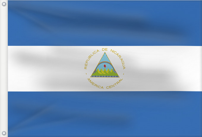 Bandera, con dos ojales metálicos y lado del asta reforzado: Nicaragua	La República de Nicaragua	Nikaragvo	Флаг Никарагуа	Nikaragve	Nicaraguas