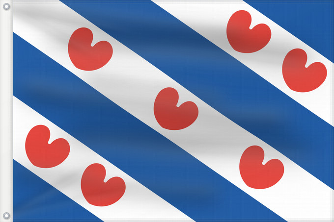 Bandera, con dos ojales metálicos y lado del asta reforzado: Frisian Dutch province of Friesland Frise Frisia Friesland De Friese vlag en het wapen hebben een gemeenschappelijke herkomst