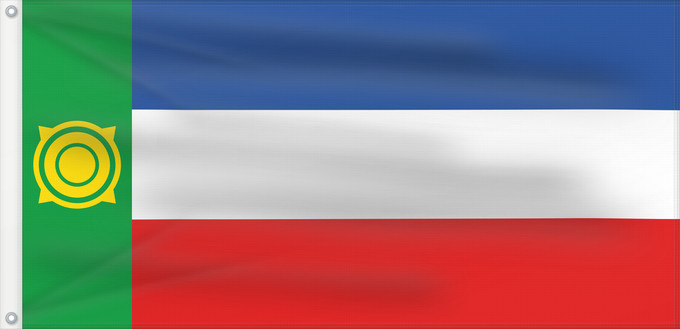 Drapeau, avec deux œillets métalliques et guindant renforcé : Khakassia	Khakassia since 2003. Drawn by Fibonacci	 Khakassie ou République de Khakassie	Jakasia desde el 2003. Hecha por Fibonacci	Chakassien