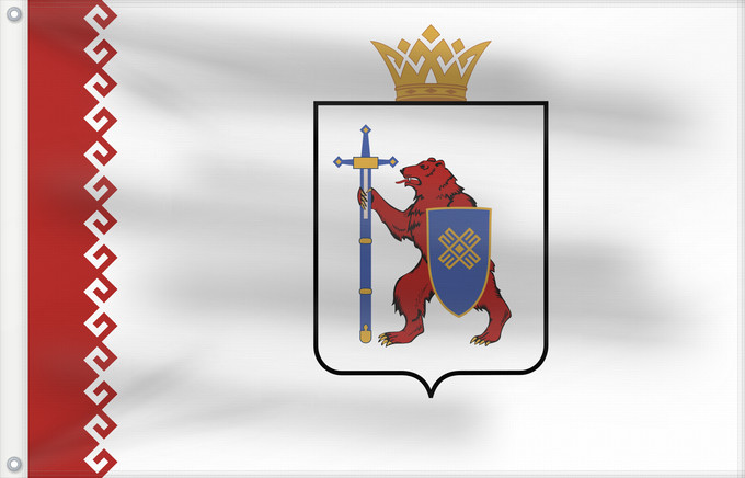 Drapeau, avec deux œillets métalliques et guindant renforcé : Mari El	République des Maris ou Mari El 	Mari-El (o Cheremia) 	Republik Mari El	Mari El Repubblica	Мари Эл ялавĕ	Марий Элын тистыже	Государственный флаг Республики Марий Эл