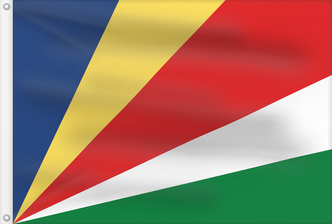Bandera, con dos ojales metálicos y lado del asta reforzado: Seychelles	Seychellen	Das Seychelles	የሲሸልስ ሰንደቅ ዓላማ	علم سيشيل	La Sejŝeloj	Séiséil	Sheiseall	Seychellys	Seisellensum	Sainan i Seychelles	Флаг Сейшельских Островов	Sejšelov	Shelisheli	Quốc kỳ Seychelles