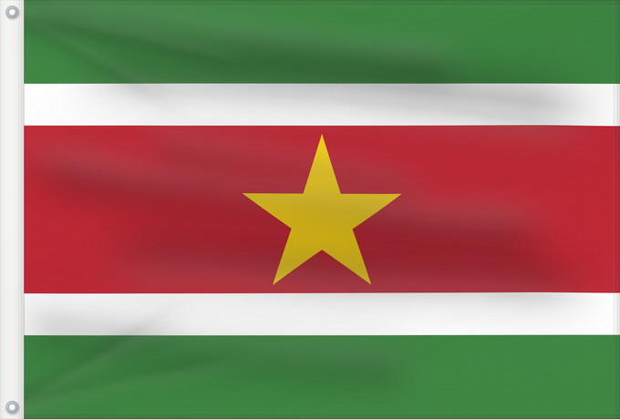 Flag, with two metal eyelets and reinforced hoist: Suriname	Surinam	সুরিনামের জাতীয় পতাকা	Surinamo	Fan Suriname	सूरीनाम का ध्वज	Bendéra Suriname	Surinamiae	Vun Surinam	Unancha Surinam	Styago Suriname	Флаг Суринама	Surinama	Fraga fu den Ripoliku Sranan	פאן סורינאםס