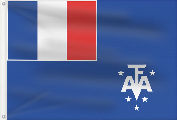 Bandera, con dos ojales metálicos y lado del asta reforzado: French Southern and Antarctic Lands	En French Southern and Antarctic Lands	Terres australes et antarctiques françaises	Administrador Superior de los Territorios Australes Franceses	Französische Süd- und Antarktisgebiete	Territori francesi meridionali	Fran