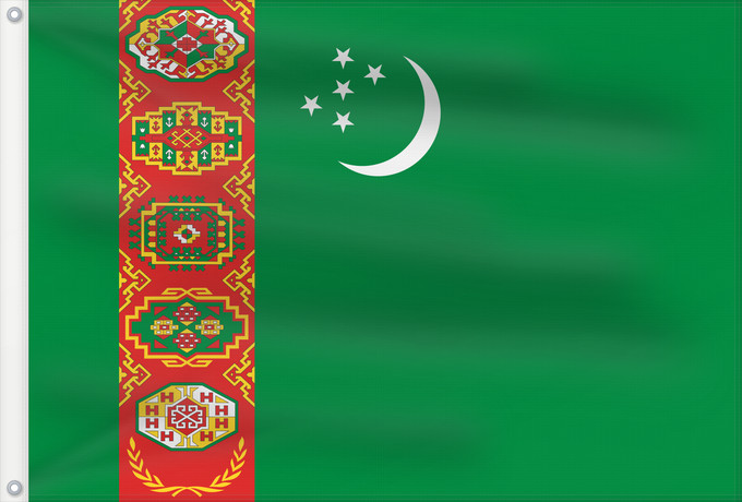 Bandera, con dos ojales metálicos y lado del asta reforzado: Turkmenistan	Turkmenistan !Turkménistan	Turkmenistán