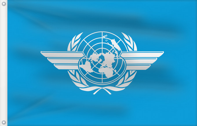 Bandera, con dos ojales metálicos y lado del asta reforzado: ICAO	International Civil Aviation Organization	L Organisation de l aviation civile internationale