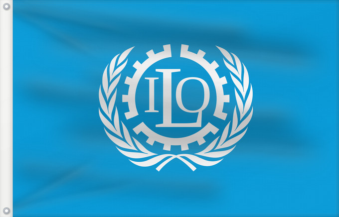 Drapeau, avec deux œillets métalliques et guindant renforcé : ILO	International Labour Organization	Organisation internationale du travail	Internationale Arbeitsorganisation	Dell Organizzazione Internazionale del Lavoro