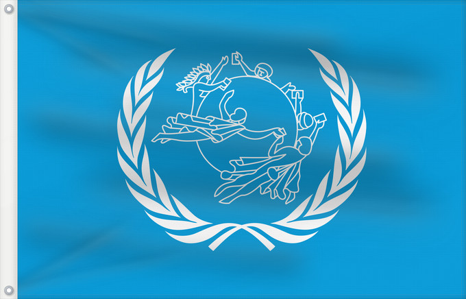 Bandera, con dos ojales metálicos y lado del asta reforzado: UPU	Universal Postal Union	L Union postale universelle	Weltpostverein	Dell Unione Postale Universale	Прапор Всесвітнього поштового союзу