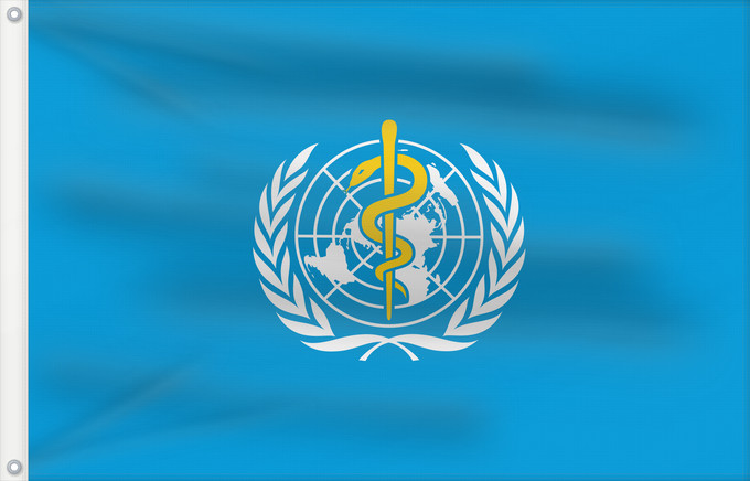 Drapeau, avec deux œillets métalliques et guindant renforcé : WHO	World Health Organization	L Organisation mondiale de la santé	​世界衛生組織的旗幟。
