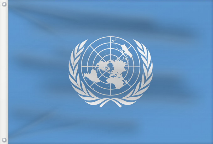 Drapeau, avec deux œillets métalliques et guindant renforcé : United Nations	United Nations, UN	Nations unies	Naciones Unidas	Vereinten Nationen	Nazioni Unite, ONU	Verenigde Naties	Das nações unidas	Organizacji Narodów Zjednoczonych  ONZ	علم الأمم المتحدة	Сцяг Арганізацыі Аб яднаных Нацый	Сьцяг Арганізацыі Аб яднаны