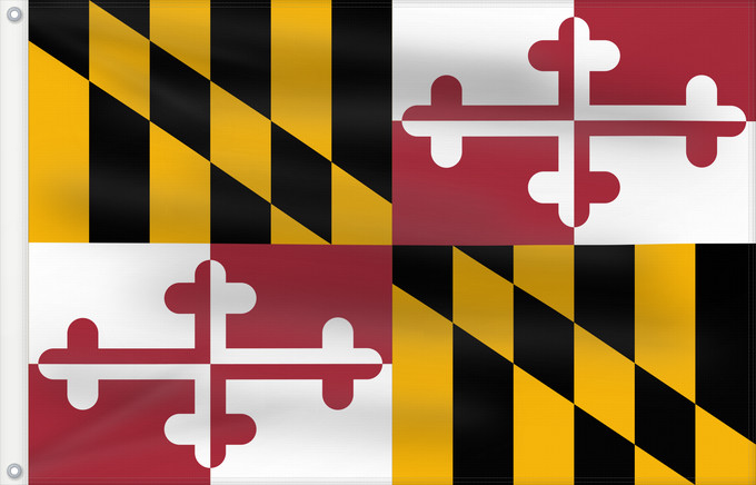Bandera, con dos ojales metálicos y lado del asta reforzado: Maryland Stanowa Marylandu ᎺᎵᏂ ᎦᏓᏘ Ka hae Melelana Terræ Mariæ Méelin Hahoodzo bidah naatʼaʼí Флаг Мэриленда Američke savezne države Maryland